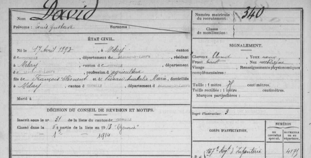 DAVID Louis Gustave-Classe 1913-Matrcule 340