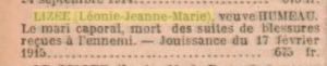 LIZEE Léonie Veuve HUMEAU-JO de la RF.1916-02-17