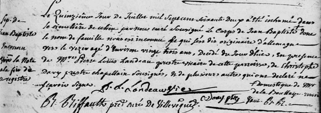 Villevêque-Décès d'un allemand-1762