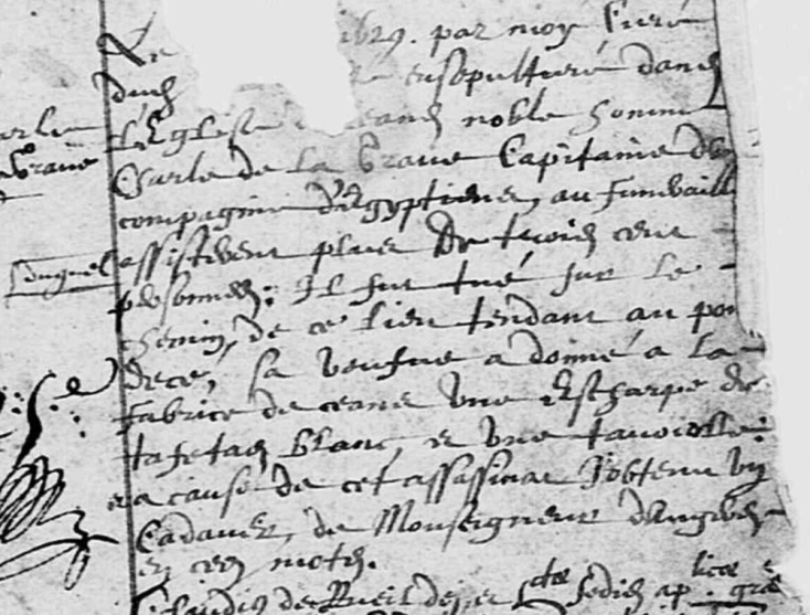 Sépulture de Charles de La Grave, Capitaine d'une compagnie d'Egyptiens, Brissac, 1630 -(AD49)
