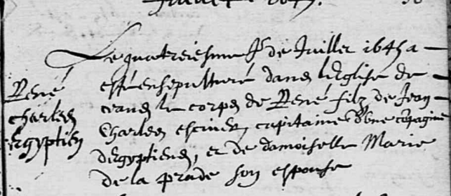 Sépulture de René CHARLES, fils d'un capitaine égyptien, 1645, Brissac - (AD49)