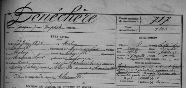 DENECHERE Jacques Jean Baptiste - Extrait fiche matricule