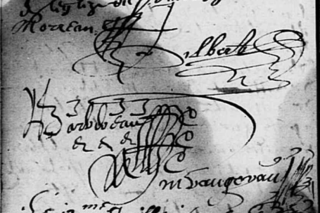 Acte de mariage de Martine VAUGOYAU avec Benoît ROGUE, signatures au bas de l'acte, 10 juillet 1633-Villevêque