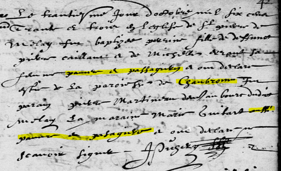 Baptême de Perrine CAILLAUD, 30 octobre 1633, originaire de "Chanbronne" - (AD49)