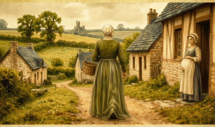Two women in historical clothing outside stone cottages, one carrying a basket and the other standing in a doorway