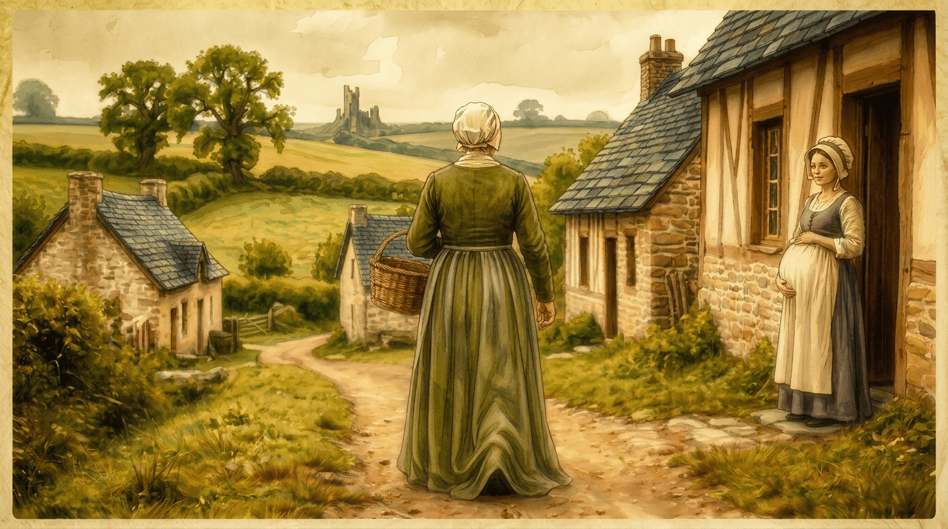 Two women in historical clothing outside stone cottages, one carrying a basket and the other standing in a doorway