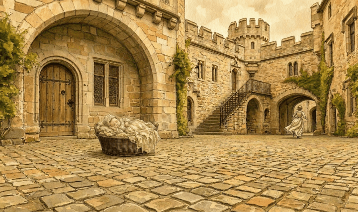 Sleeping newborn baby wrapped in knitted clothing inside a basket on a cobblestone courtyard of a stone castle