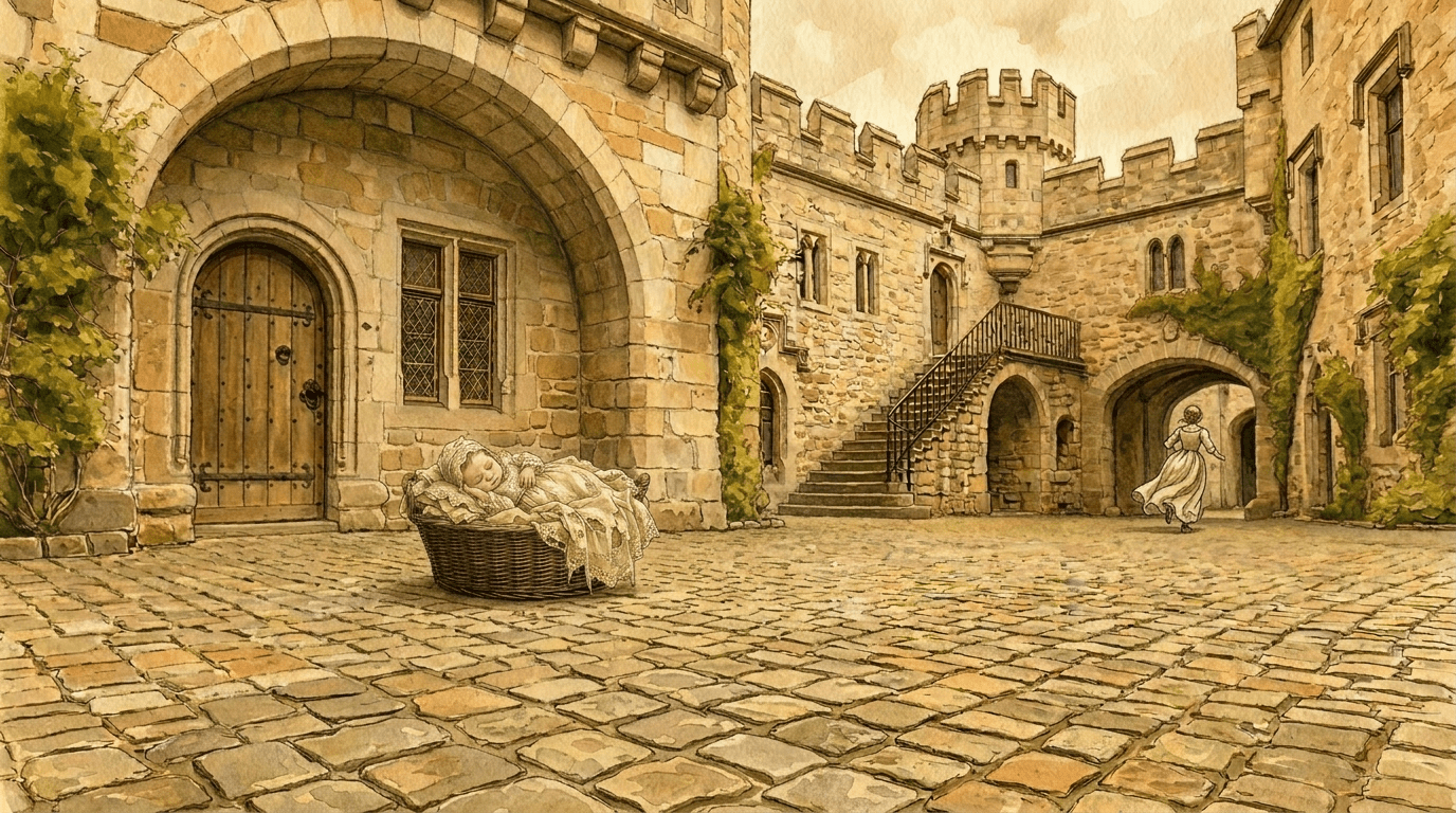 Sleeping newborn baby wrapped in knitted clothing inside a basket on a cobblestone courtyard of a stone castle