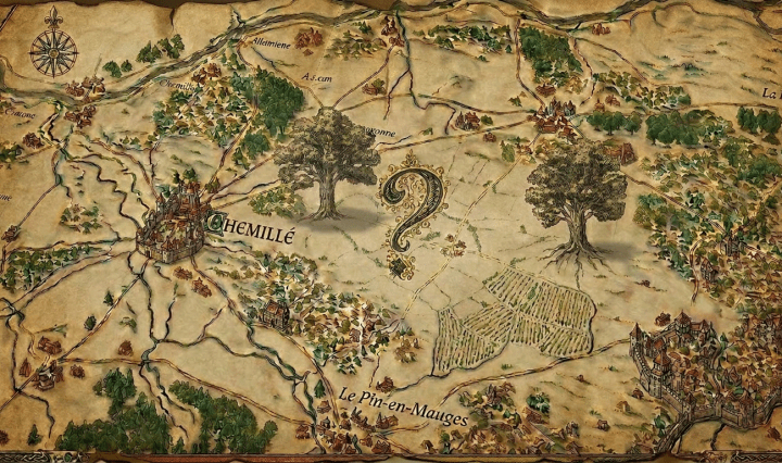 Antique map of Mauges region with towns Cholet, Chemillé, Beauchêne and illustrated trees and a question mark