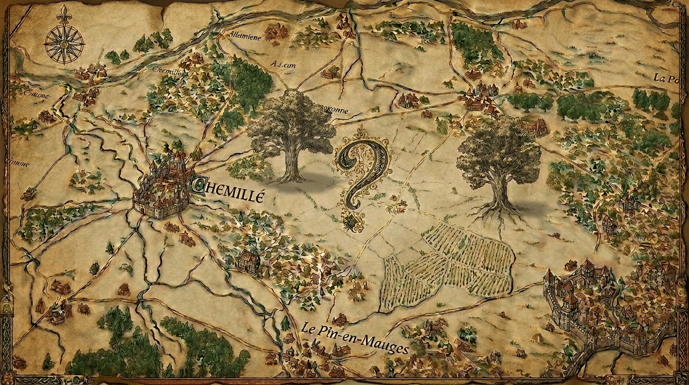 Antique map of Mauges region with towns Cholet, Chemillé, Beauchêne and illustrated trees and a question mark